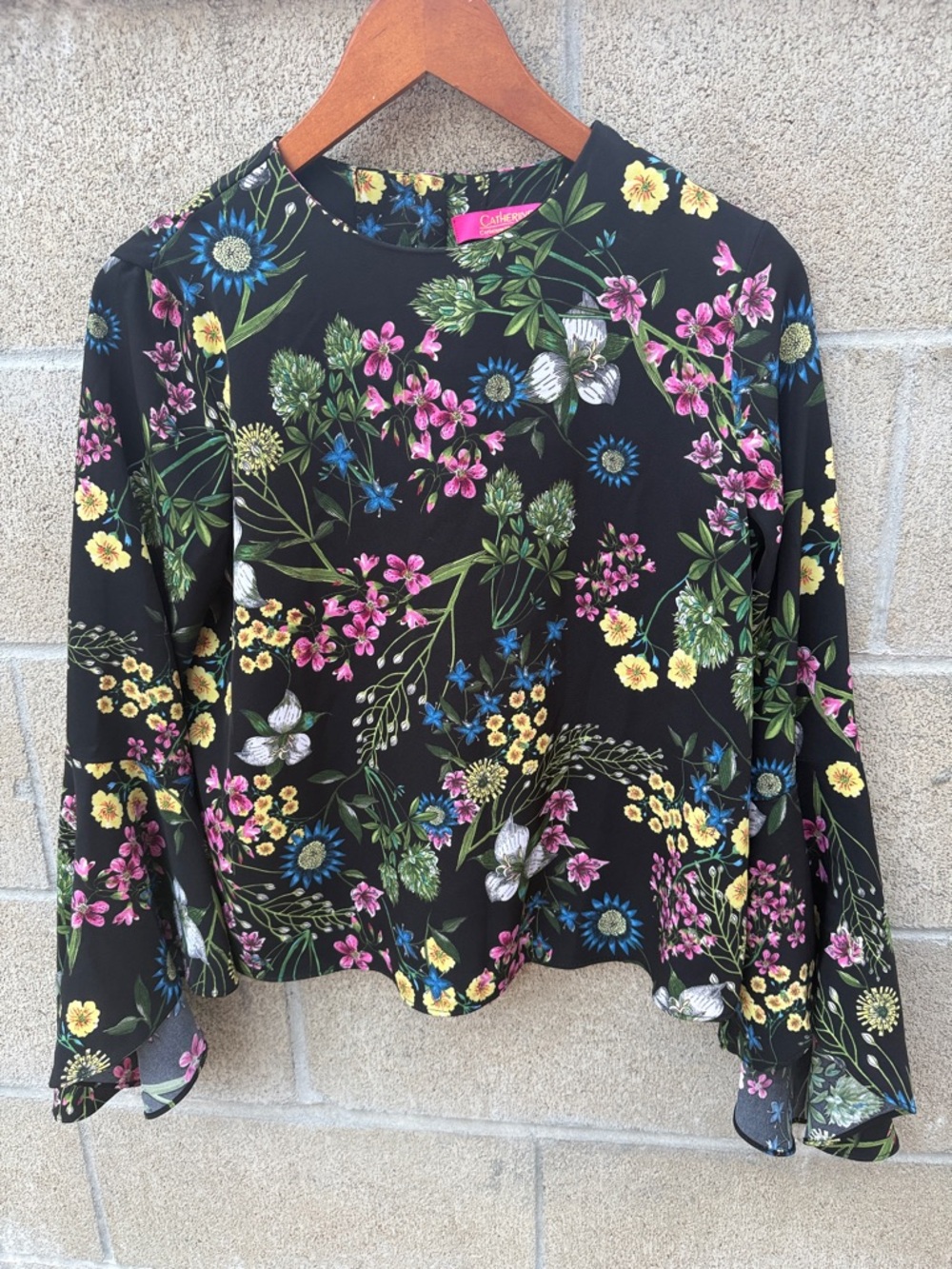 Floral Long-Sleeve Blouse - Black with Multi-Color Floral Print